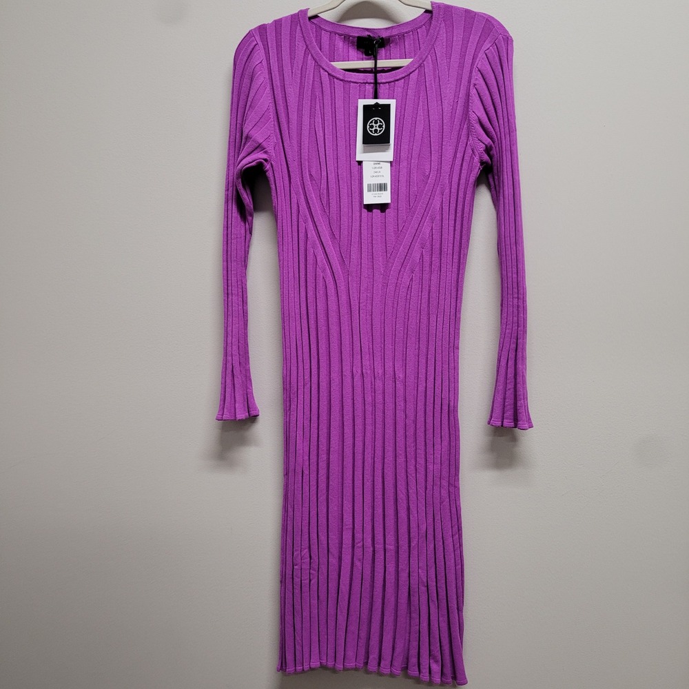 Carlisle Collection Divine Ribbed Knit Bell Sleeve Dress Dahlia Purple L NEW